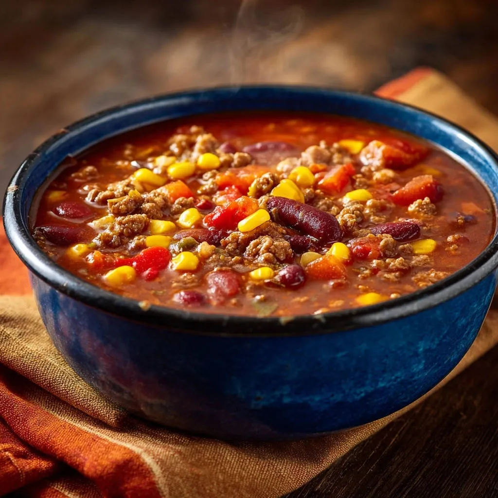 Hearty beef and bean chili served steaming hot in a rustic blue bowl, showcasing its rich texture.