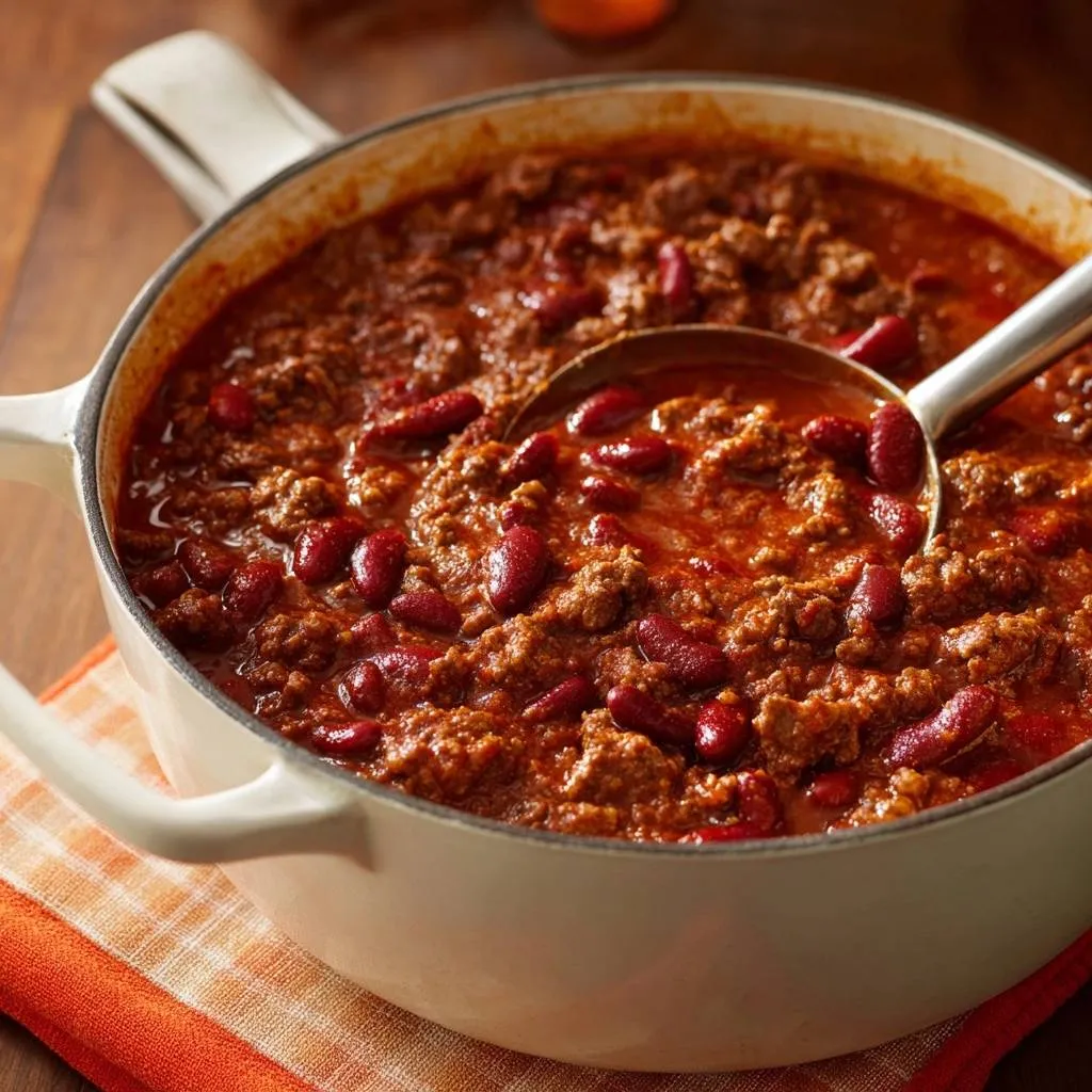 Hearty beef chili with fool-proof thick texture, shown with a ladle scooping a serving from the pot.