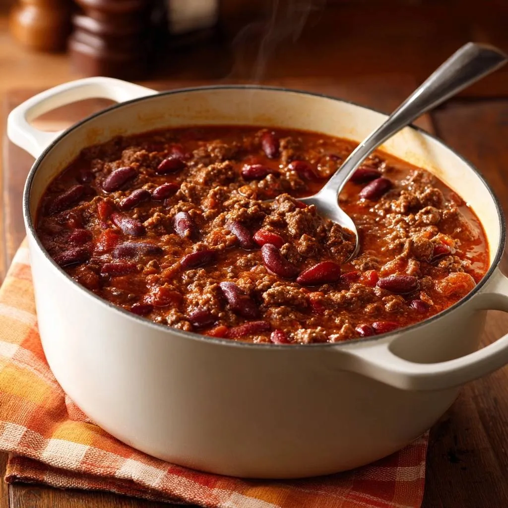 Hearty beef chili with a foolproof thick texture steaming in a white Dutch oven with a spoon.