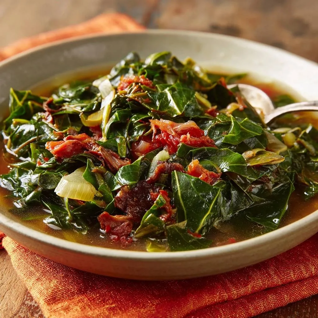Hearty beef collard stew served in a bowl, showcasing tender greens and savory beef in a close-up view.