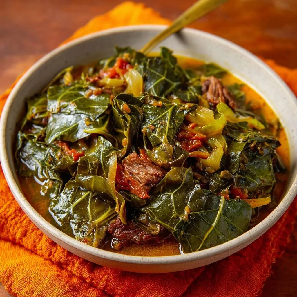 Hearty beef collard stew in a rustic bowl, showcasing tender greens and savory beef chunks up close.