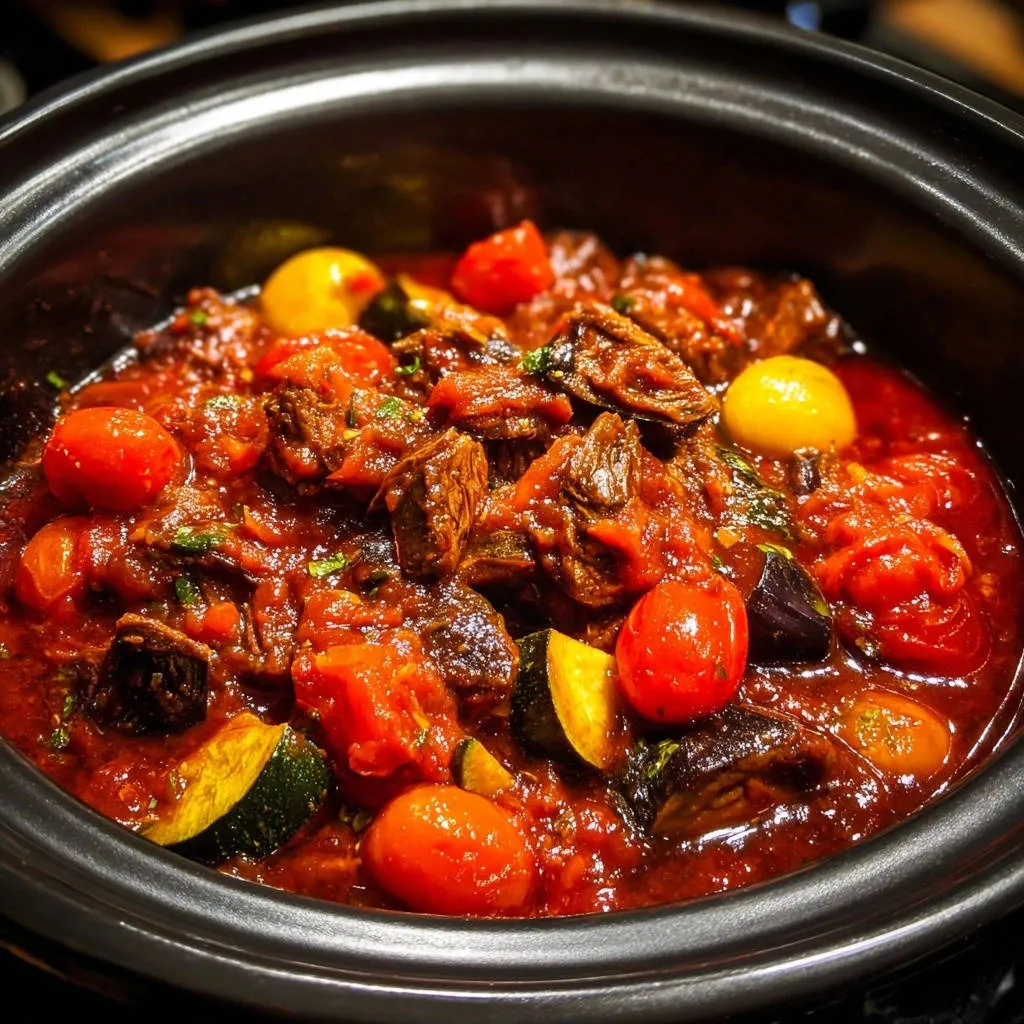 Hearty beef and eggplant stew with tomatoes and zucchini shown in a close-up view within a black crock pot.