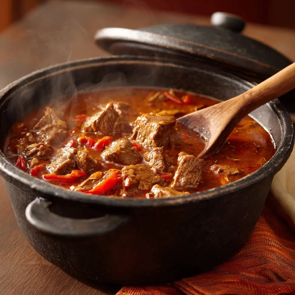 Hearty Beef Goulash steaming in a black Dutch oven with a wooden spoon, showing chunks of tender meat and red peppers.