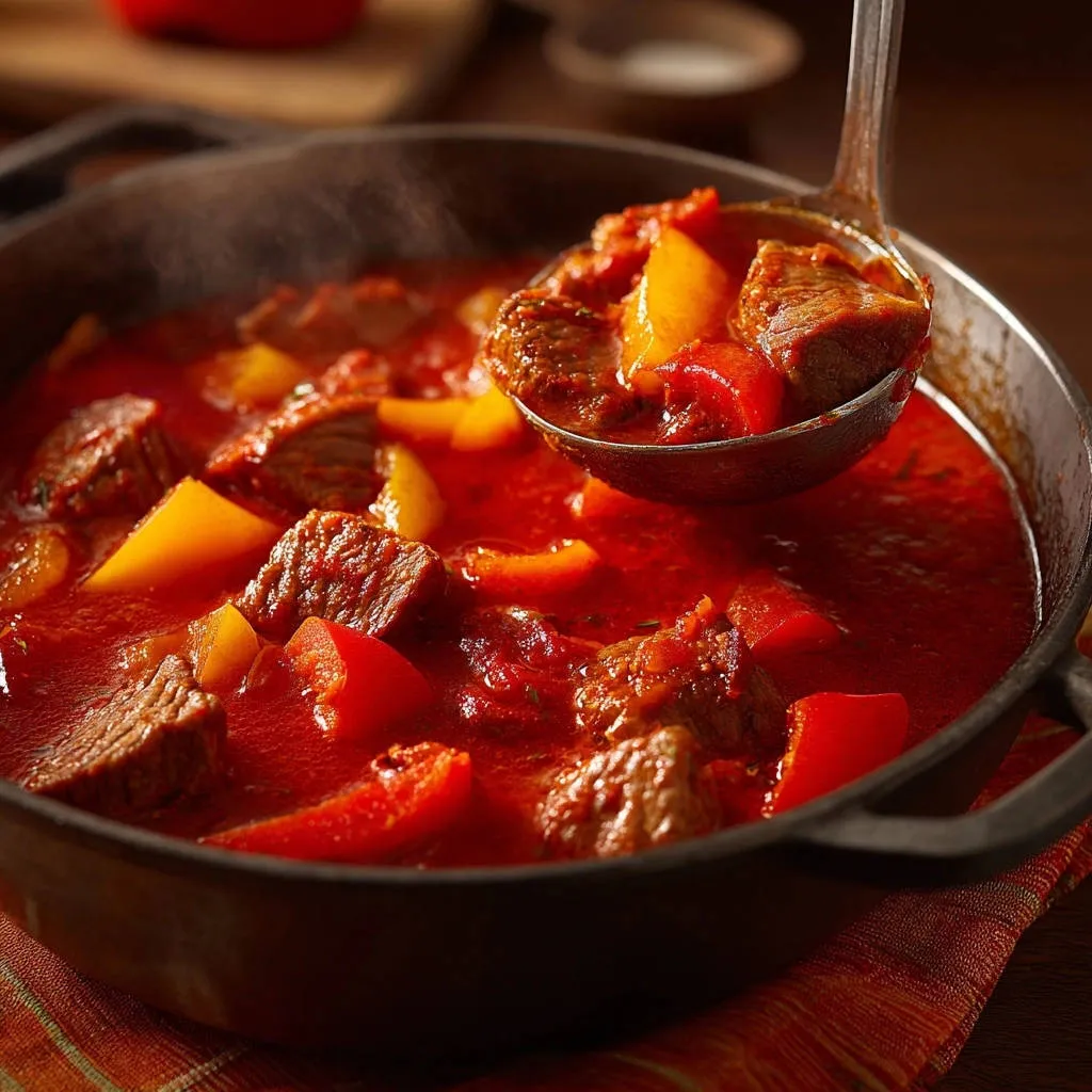 Hearty beef and pepper goulash being served from a pot with a ladle, showing tender meat and vegetables.