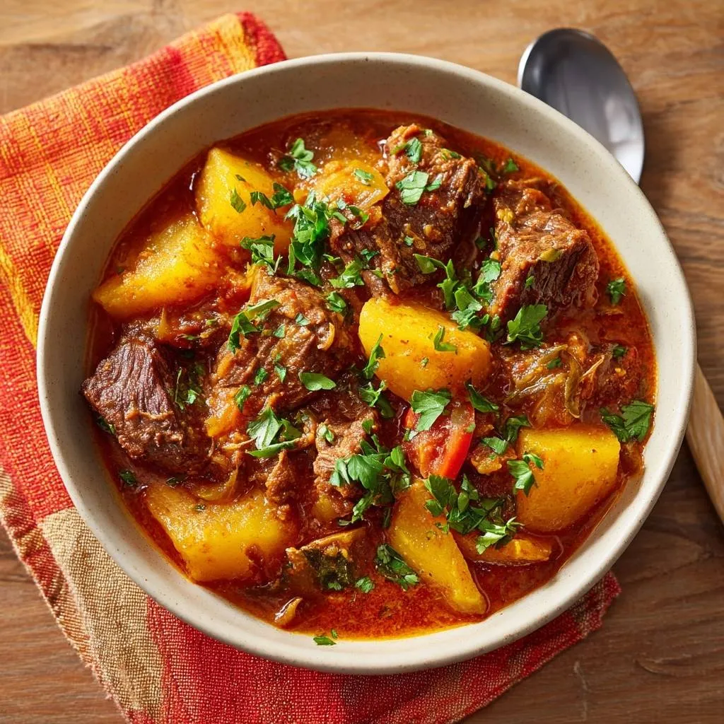Hearty beef pepper stew served in a rustic bowl, generously garnished with fresh parsley, showcasing tender chunks of beef and potatoes.