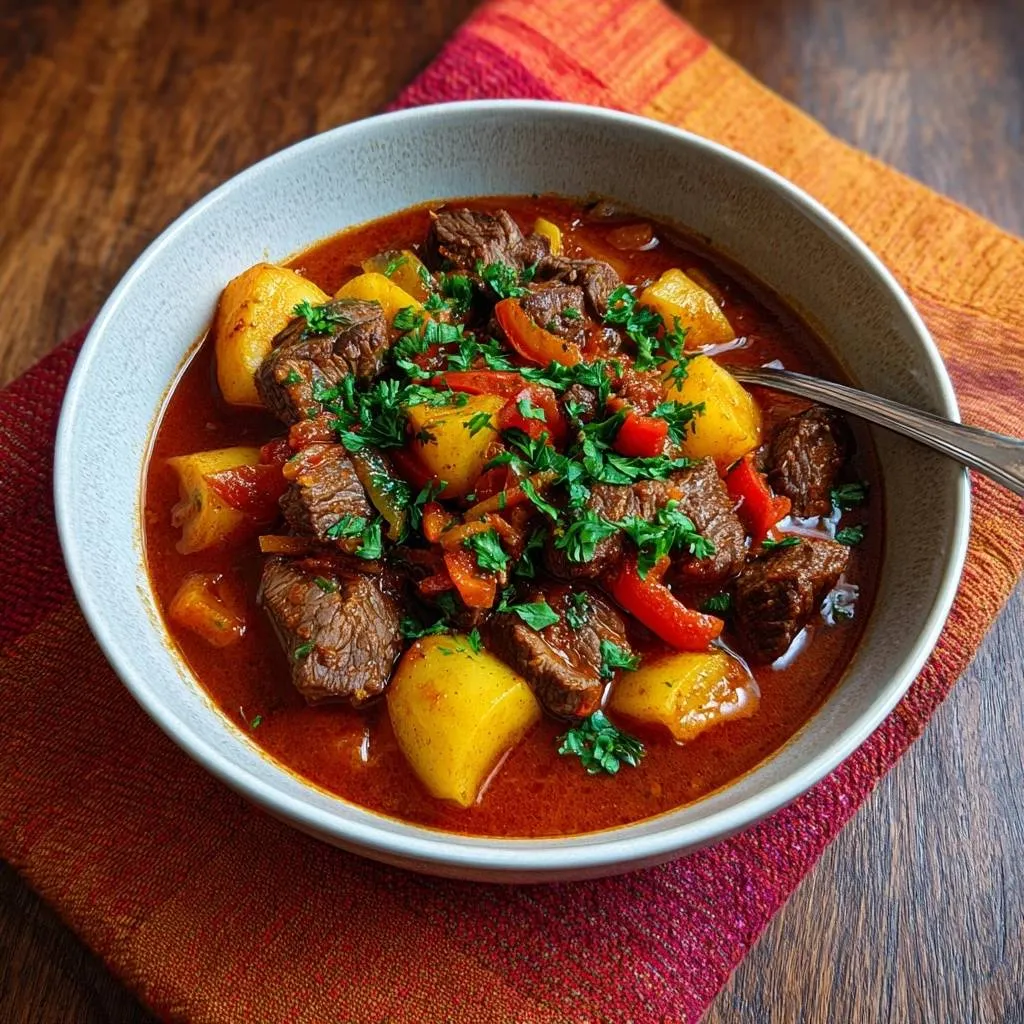 Hearty beef pepper stew served in a light gray bowl, viewed from above, showcasing tender meat and potatoes.