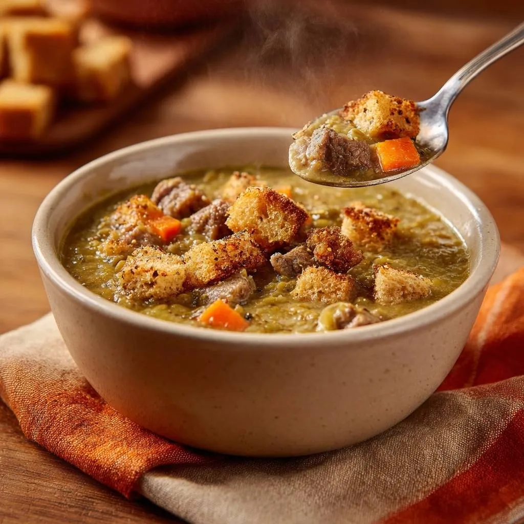 Hearty beef split pea soup with crispy croutons shown in a close-up spoonful detail with steam rising.