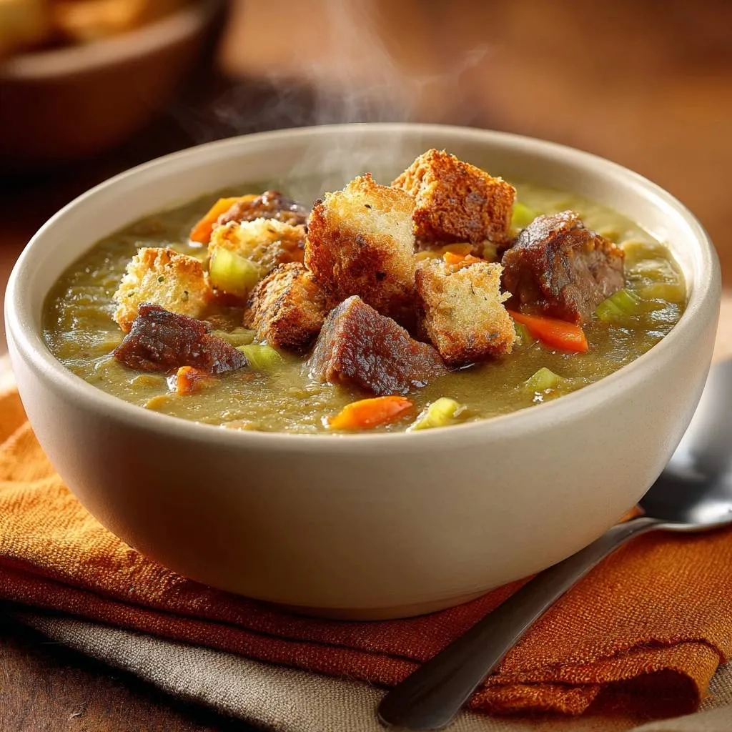 Hearty beef split pea soup with crispy croutons served steaming in a rustic bowl.