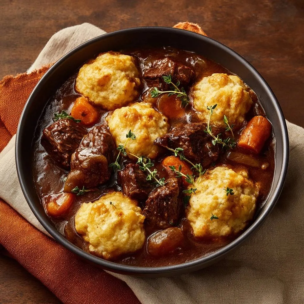 Hearty beef stew with fluffy drop dumplings in a dark bowl, a close-up overhead view with fresh thyme garnish.