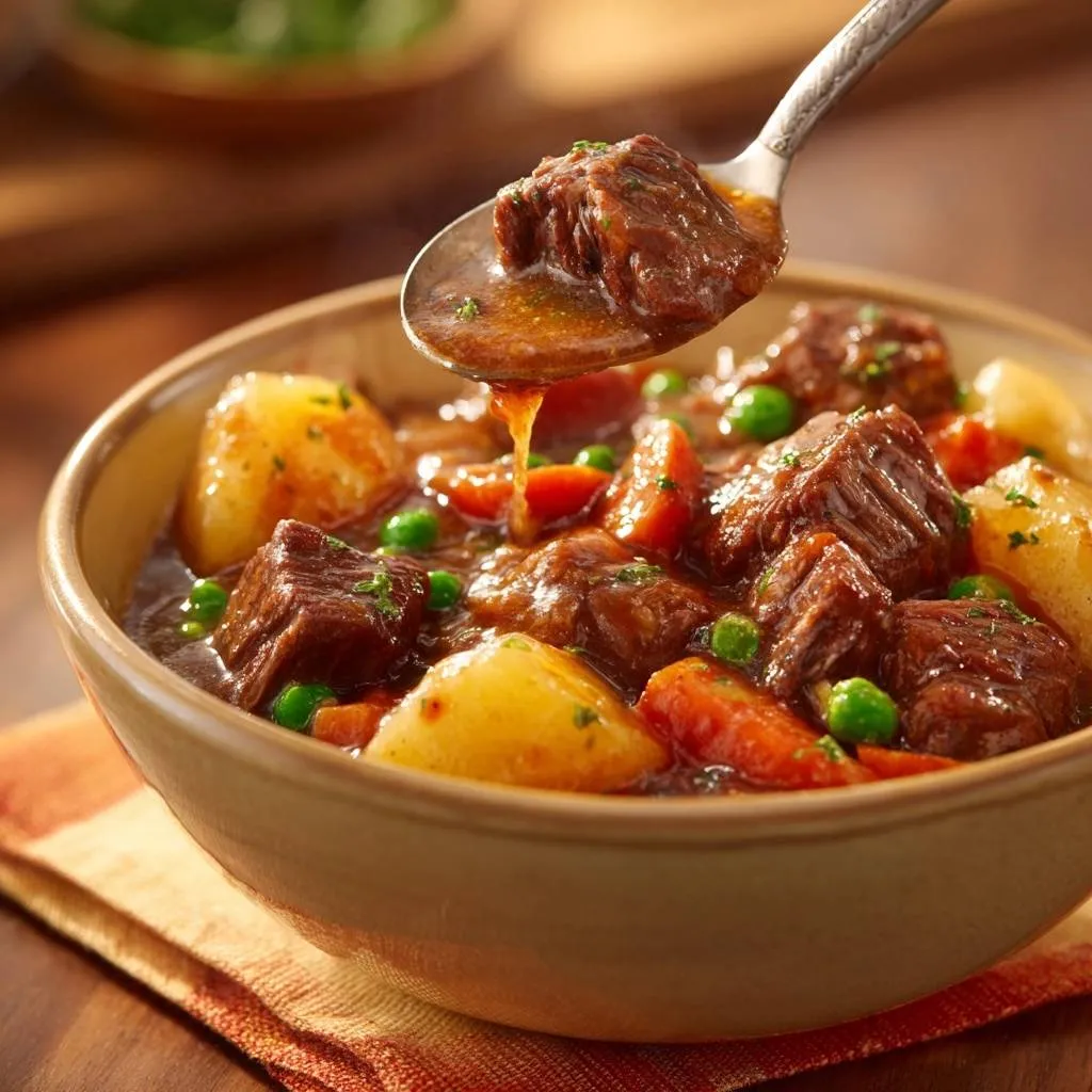 Hearty beef stew with a spoonful of tender beef and rich gravy being lifted from the bowl.