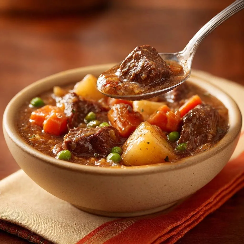 Hearty beef stew with tender beef, potatoes, carrots, and peas being lifted on a spoon.