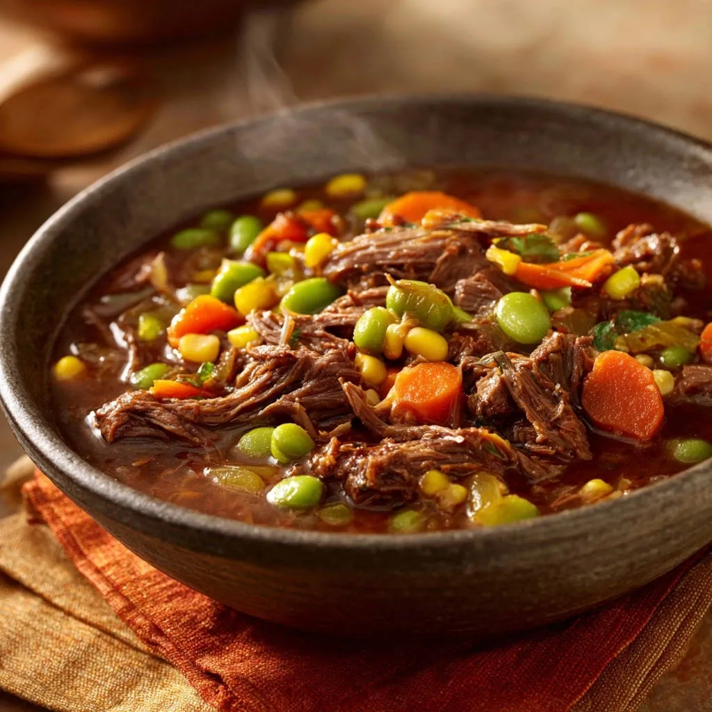 Hearty slow-cooked beef stew in a steaming bowl, showcasing tender shredded beef and vibrant vegetables up close.