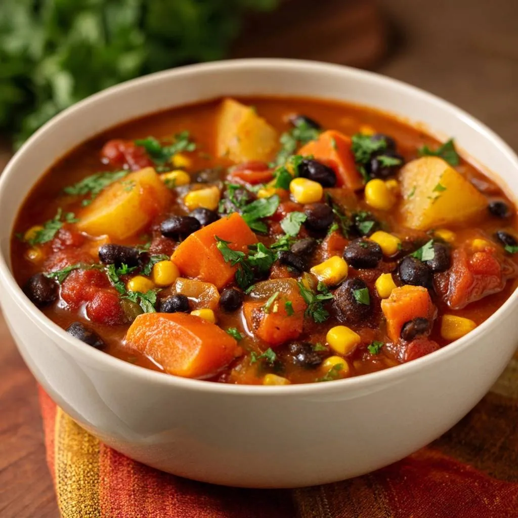 Hearty black bean potato stew in a close-up bowl, showing chunks of sweet potato, black beans, corn, and cilantro.