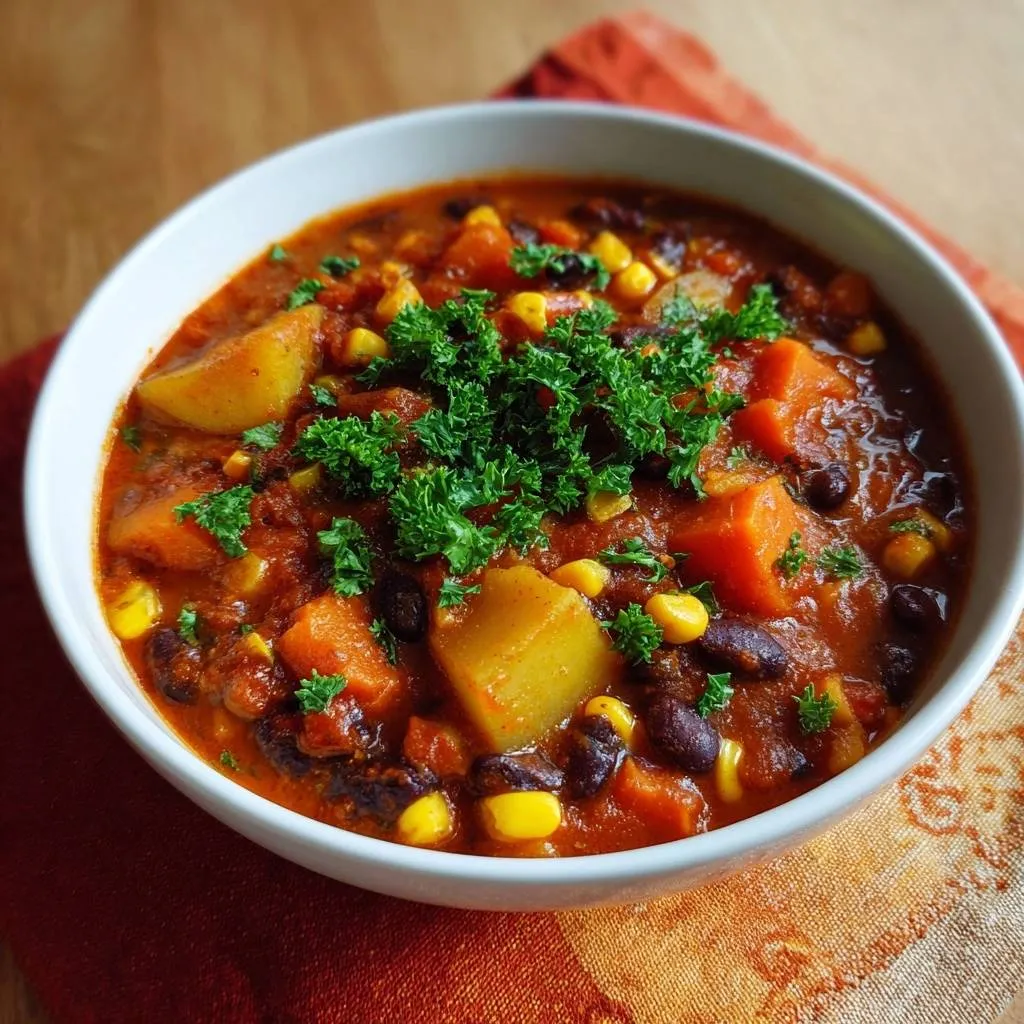 Hearty black bean potato stew in a white bowl, generously garnished with fresh parsley and showing chunky potatoes, corn, and beans.