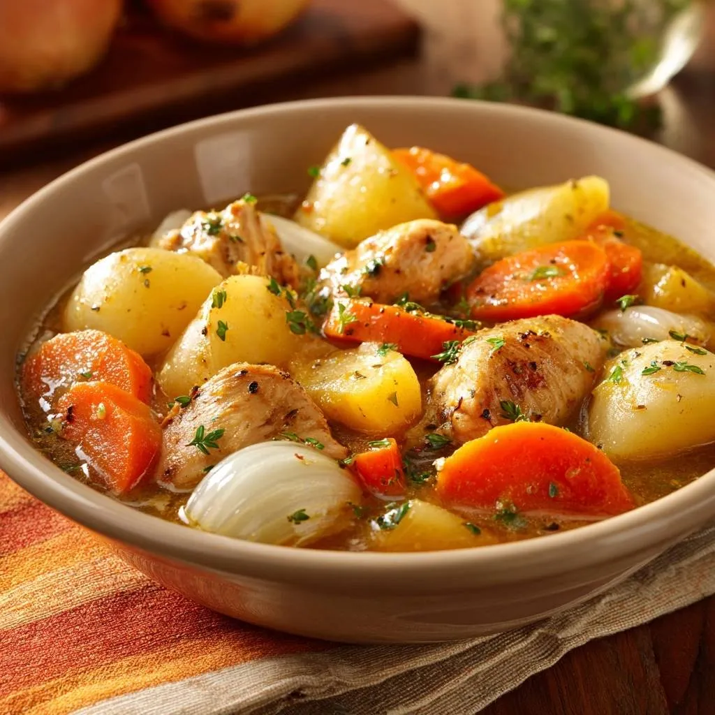 Hearty chicken potato stew served in a bowl, featuring tender chicken, potatoes, carrots, and onions with a garnish of parsley.