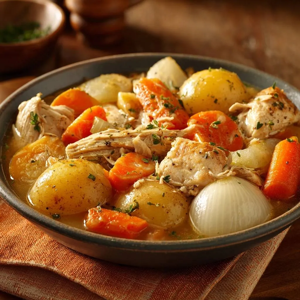 Hearty chicken potato stew served in a rustic bowl, showcasing tender chicken, carrots, potatoes, and onions in a rich broth.
