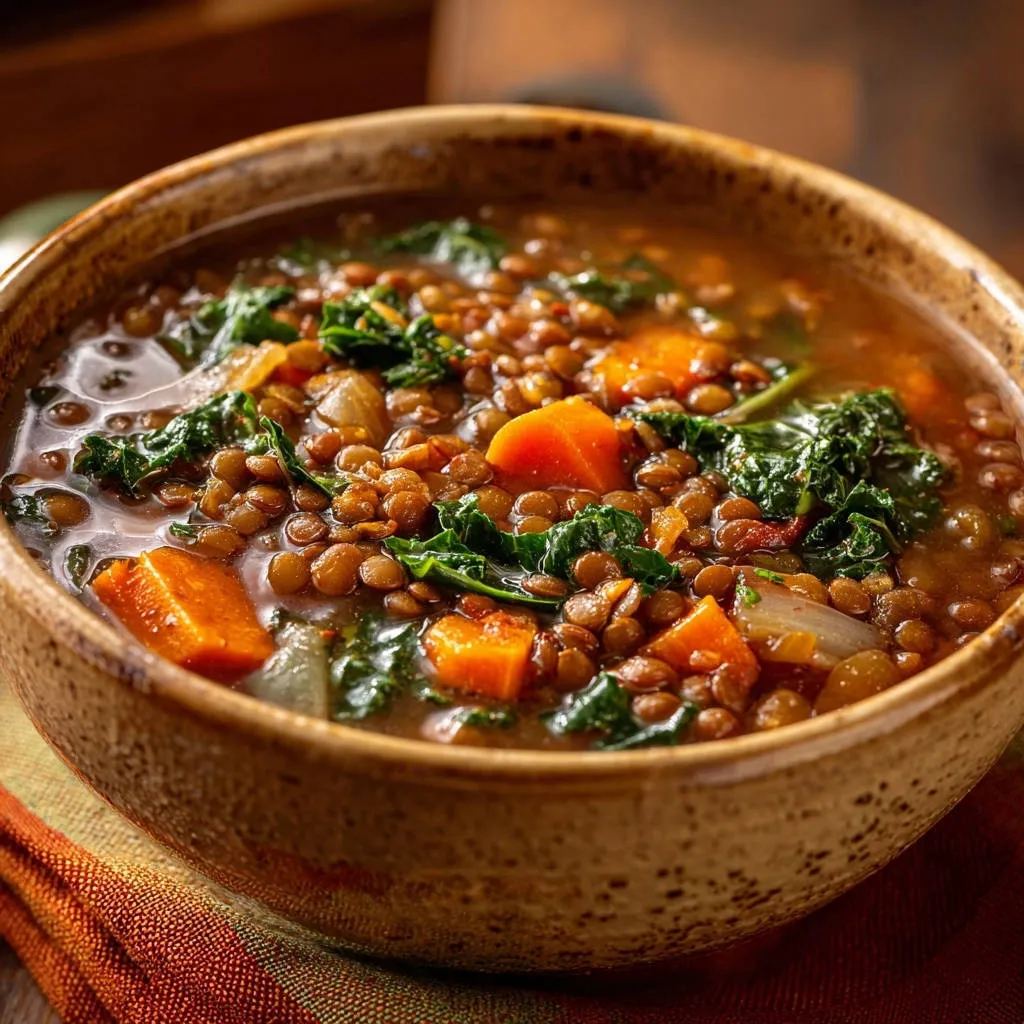 Hearty lentil and kale soup in a rustic bowl, showcasing intact lentils and vibrant greens.