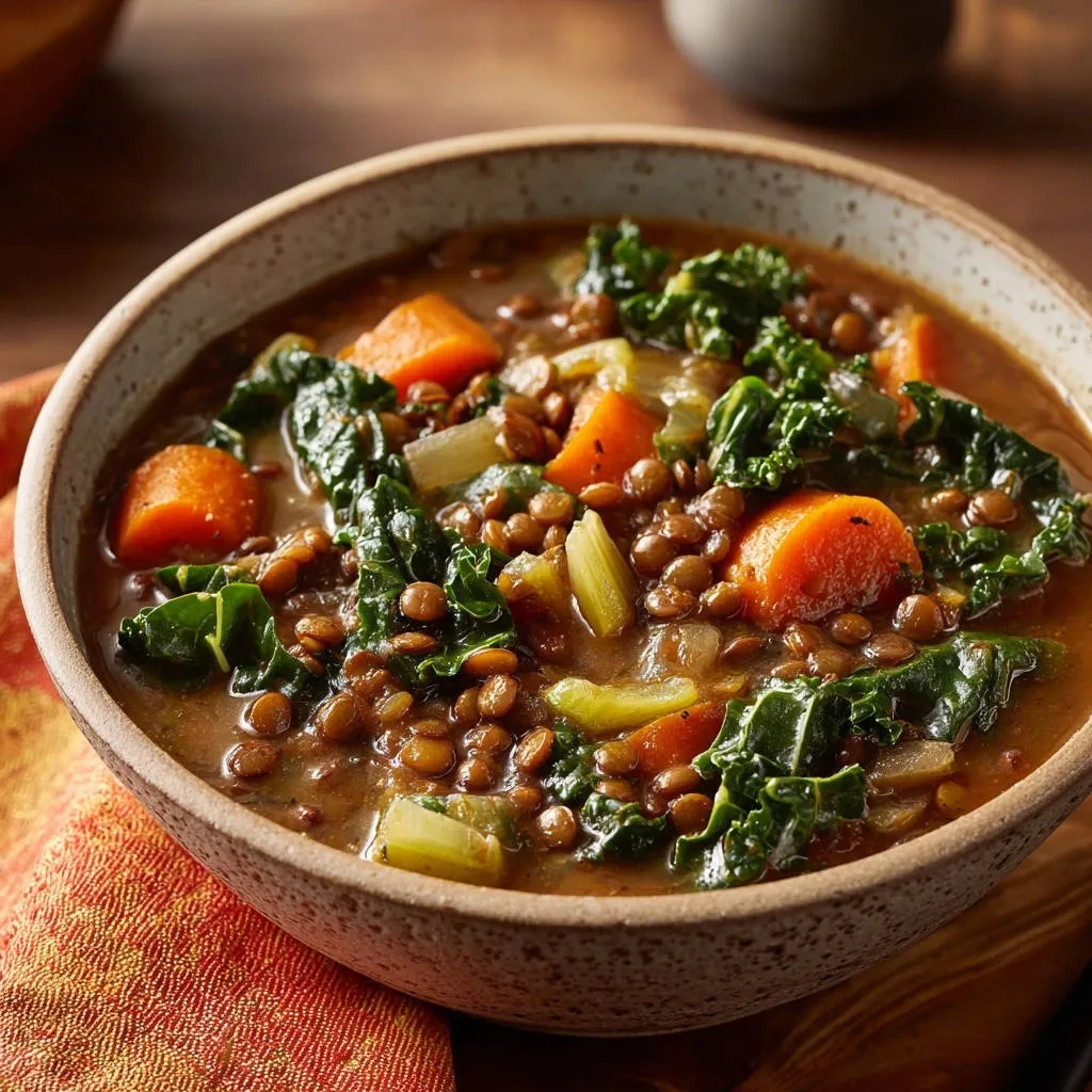 Hearty lentil and kale soup in a rustic bowl, showcasing tender lentils, vibrant kale, and diced carrots.