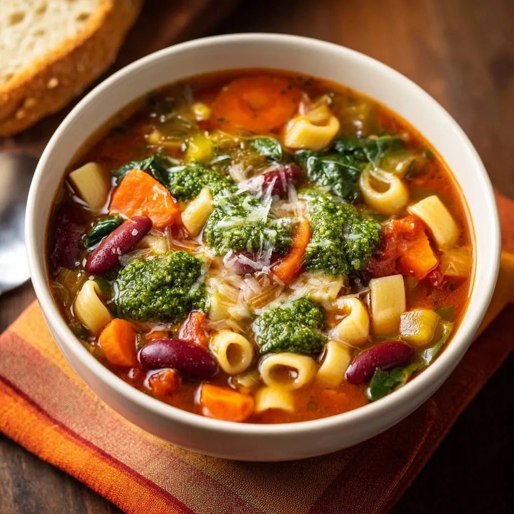 Hearty pesto minestrone soup with al dente pasta and vegetables served in a close-up view of a white bowl.