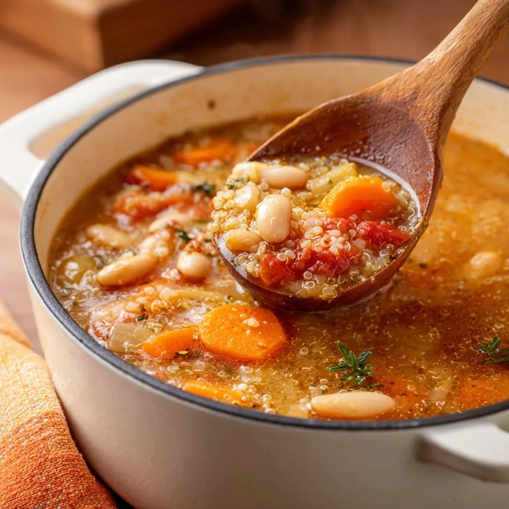 Hearty quinoa and white bean soup being served with a wooden ladle, showing the texture of the ingredients.