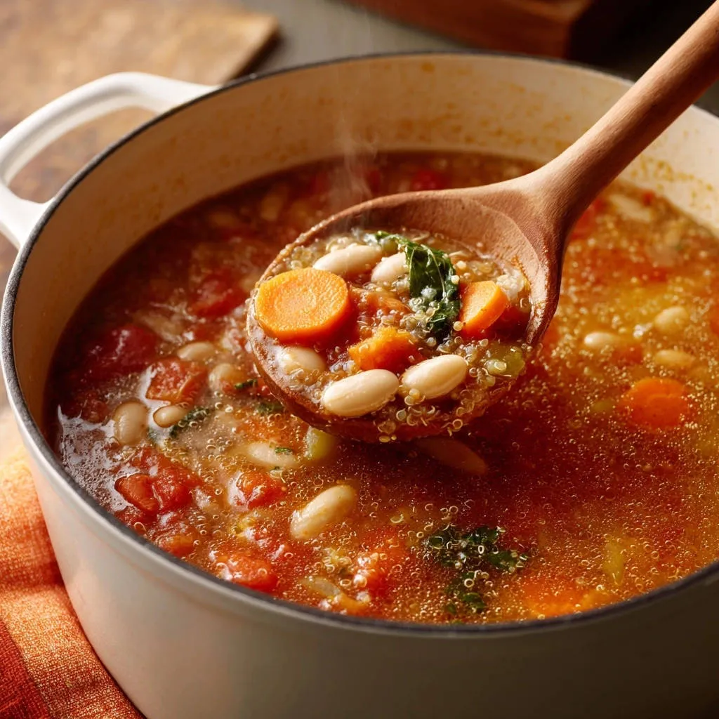 Hearty quinoa and white bean soup served in a pot with a wooden ladle scooping up a portion.