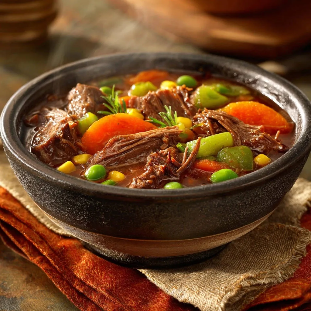 Hearty slow-cooked beef stew with tender meat and vegetables, with visible steam rising from the bowl.