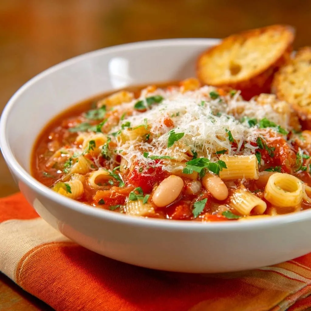 Hearty tomato white bean pasta soup served in a white bowl and topped with grated cheese and parsley.