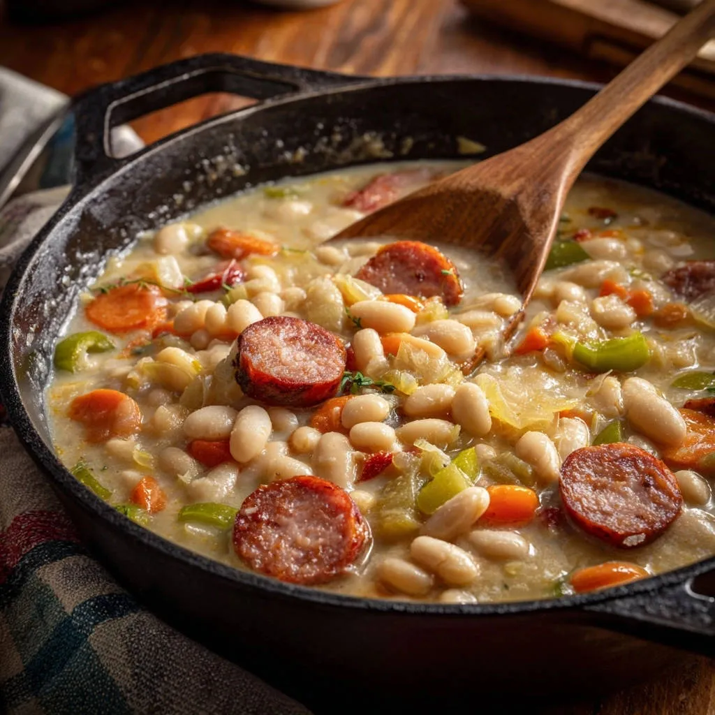 Hearty white bean and smoked sausage stew served in a cast iron skillet with a wooden spoon.