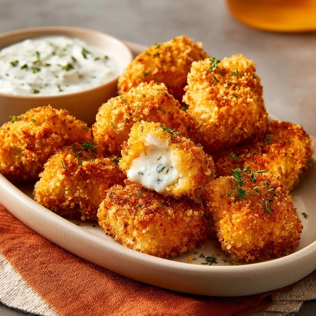 Crispy herbed chicken bites cross-section showing creamy interior, served with a dipping sauce.