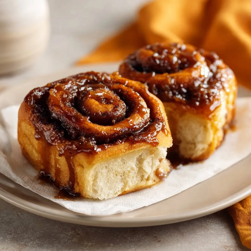 Homemade cinnamon rolls, two sweet and gooey rolls glistening with glaze, shown in a close-up view.