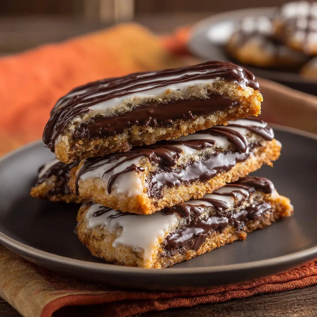 Homemade double chocolate fudge bars shown in a close-up cross-section, stacked on a dark plate, revealing gooey centers.