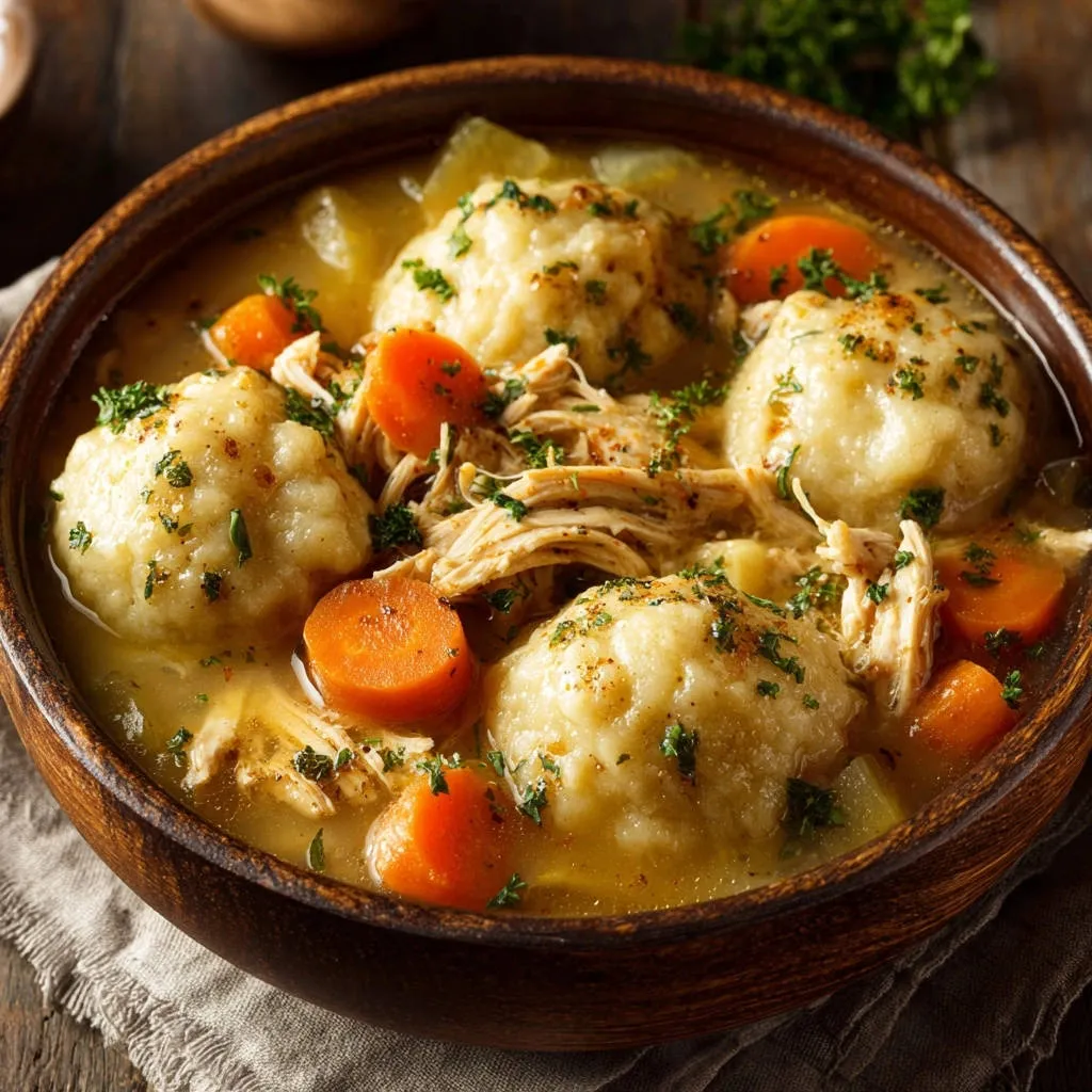 Homestyle chicken and dumplings in a rustic wooden bowl, featuring fluffy dumplings and tender chicken.