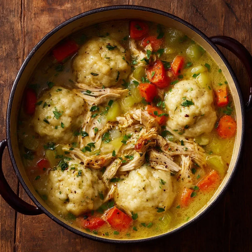 Homestyle chicken and dumplings served in a pot with fluffy dumplings and carrots, viewed from directly above.