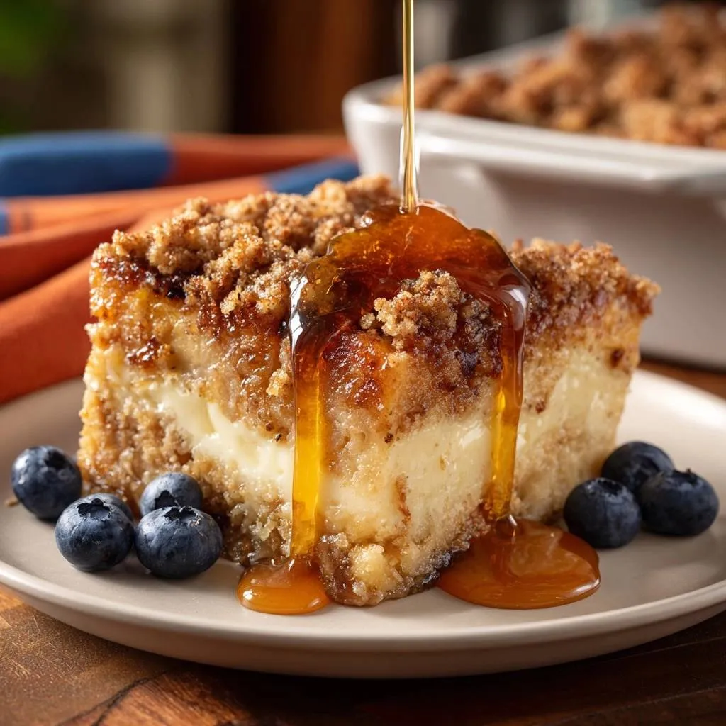 Honey blueberry streusel cheesecake slice drizzled with syrup and garnished with blueberries.