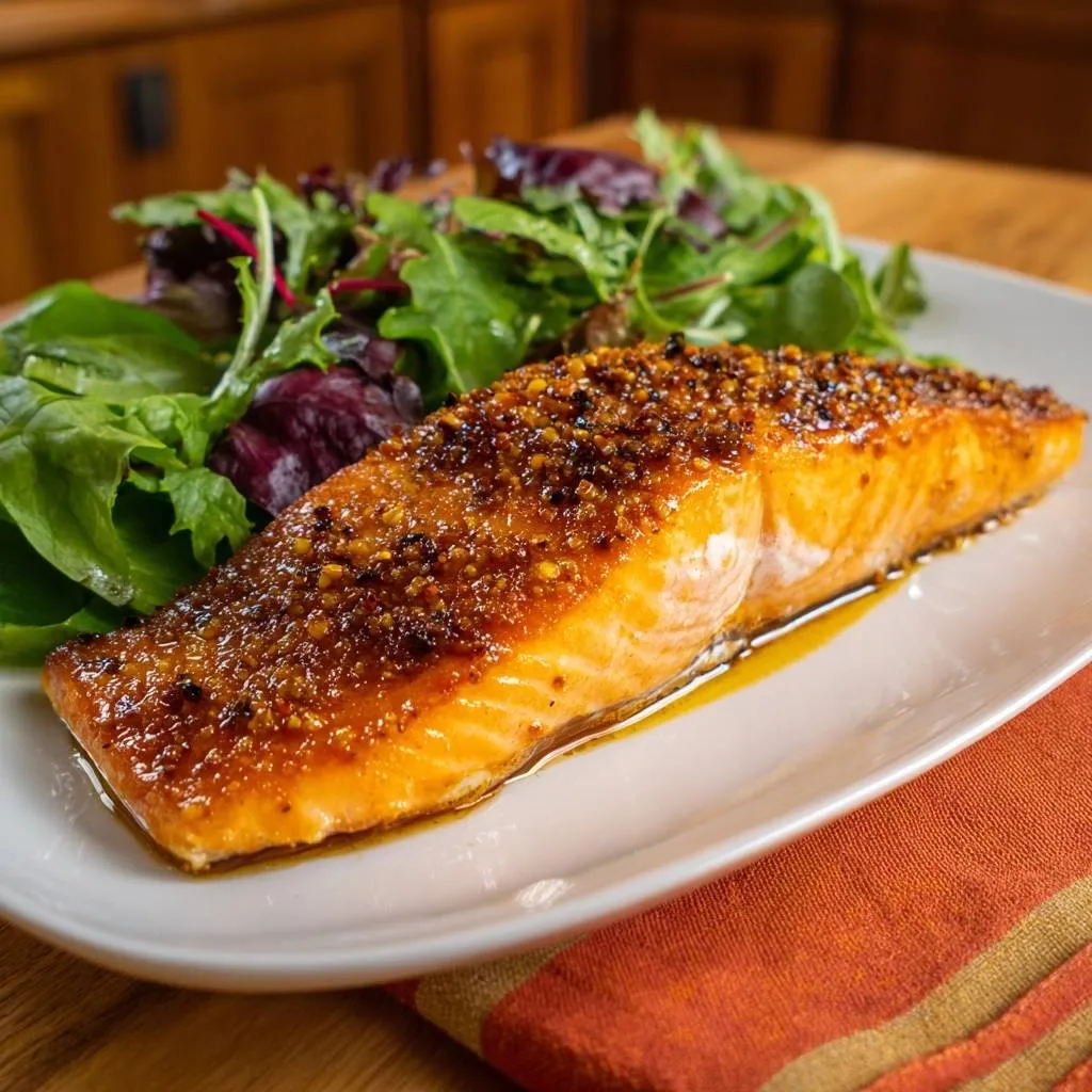 Honey pistachio glazed salmon plated with a side salad, showcasing the glistening glaze and flaky texture.