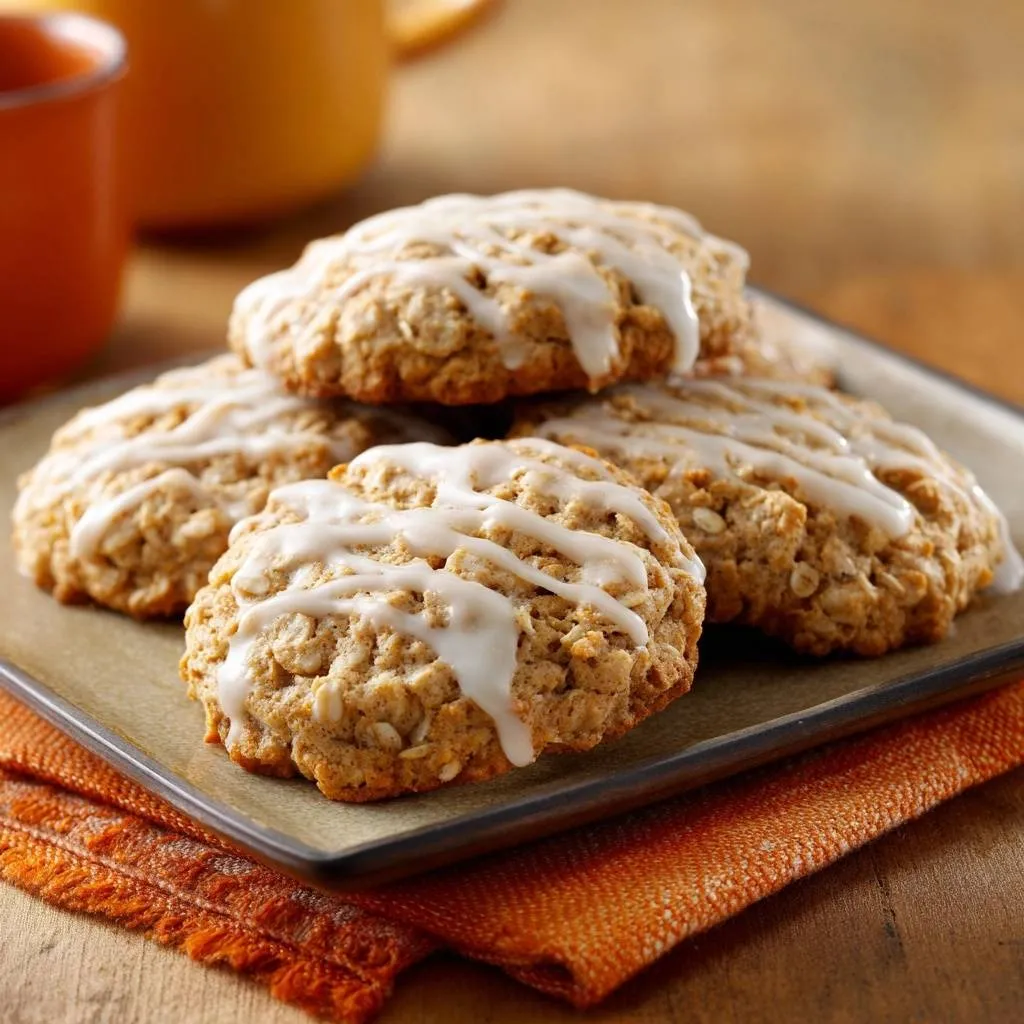 Iced oatmeal cookies that hold their shape, with a close-up view of white icing drizzled over their textured surface.
