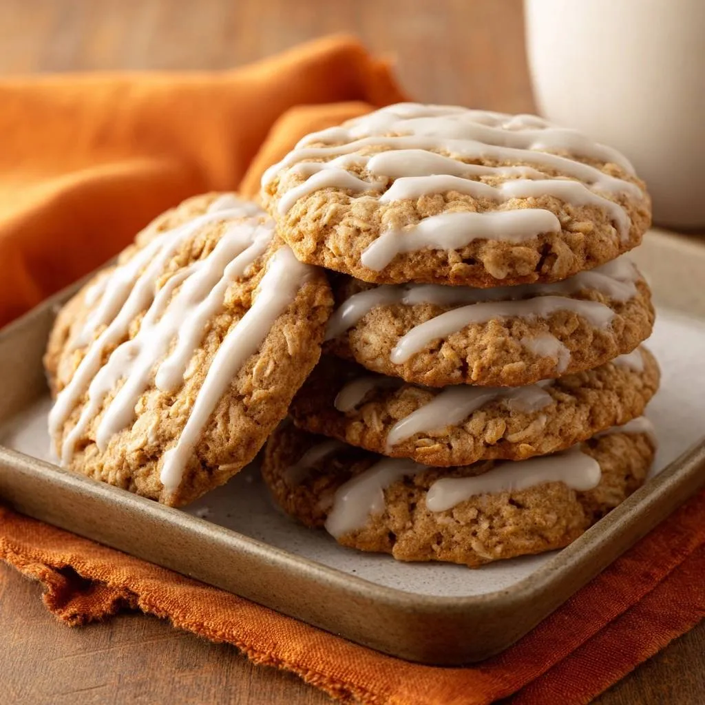 Iced oatmeal cookies that hold their shape stacked on a plate with a close-up view of the white glaze drizzled on top.