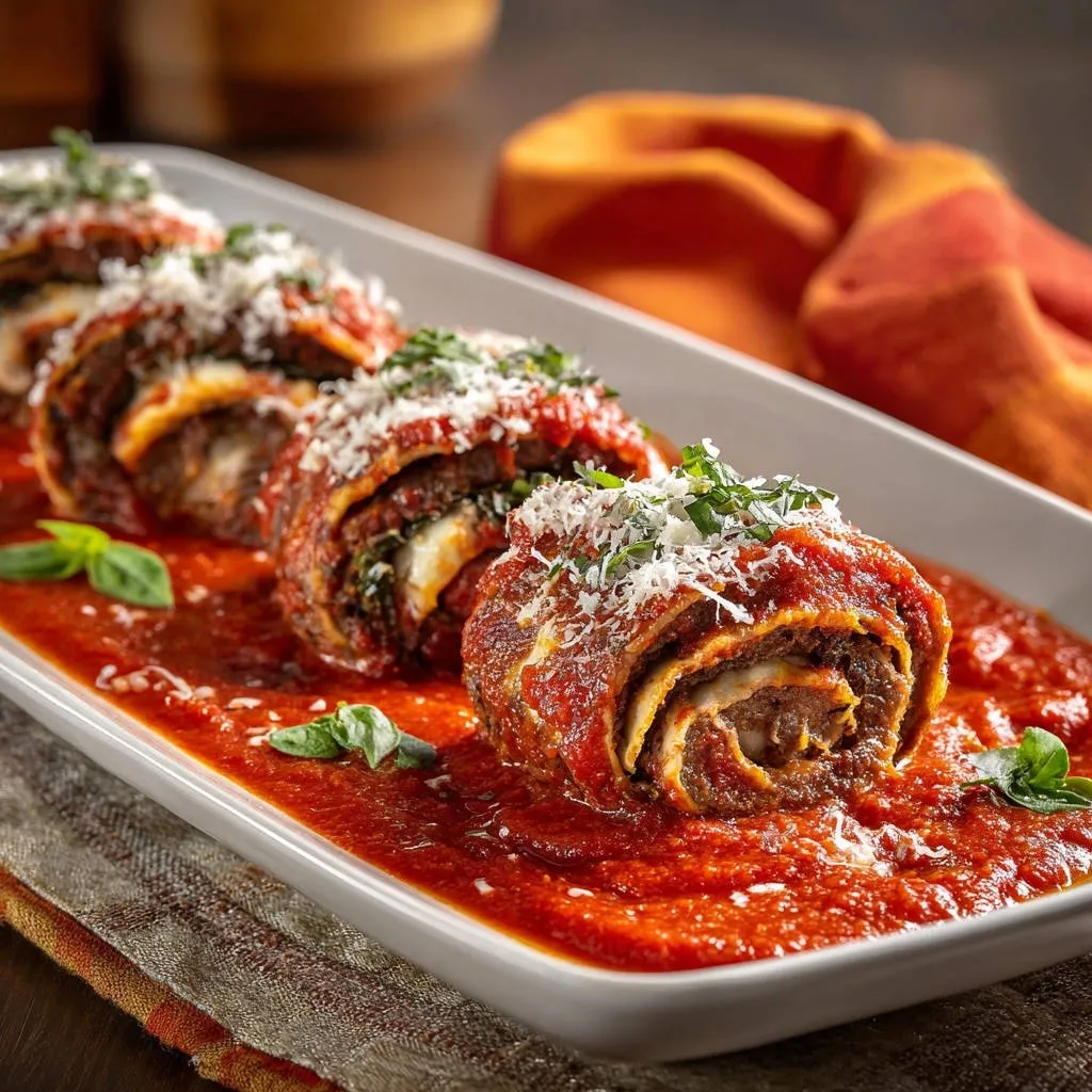 Italian stuffed meat rolls cross-section detail showing tender meat, cheese, and sauce in a white dish.