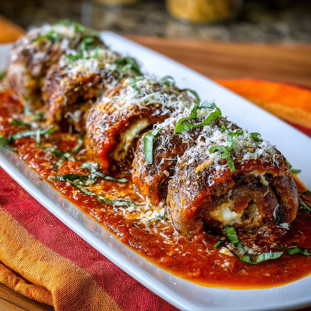Italian stuffed meat rolls sliced to reveal a cheesy interior, served in tomato sauce and garnished with basil.