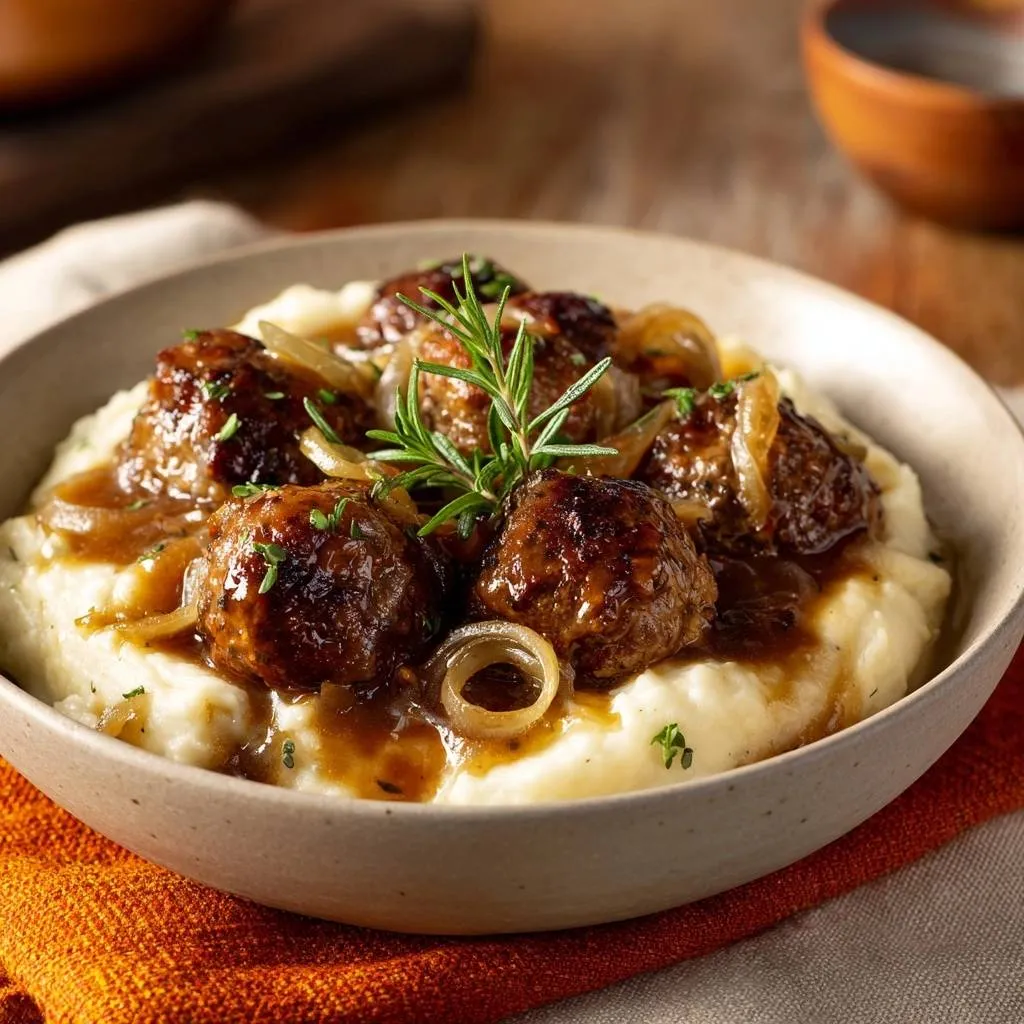 Juicy beef meatballs in onion gravy over creamy mash, served in a bowl, garnished with rosemary and thyme.