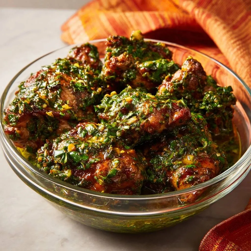 Juicy garlic herb chicken thighs glistening in a clear bowl, covered in a vibrant green herb sauce.