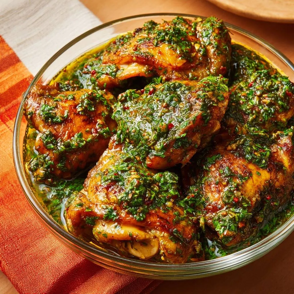 Juicy garlic herb chicken thighs served in a clear bowl, glistening with sauce and herbs.