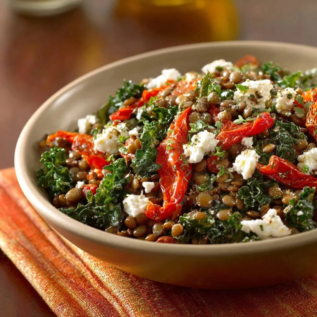 Kale lentil salad with feta and sun-dried tomatoes served in a rustic bowl, a close-up view.
