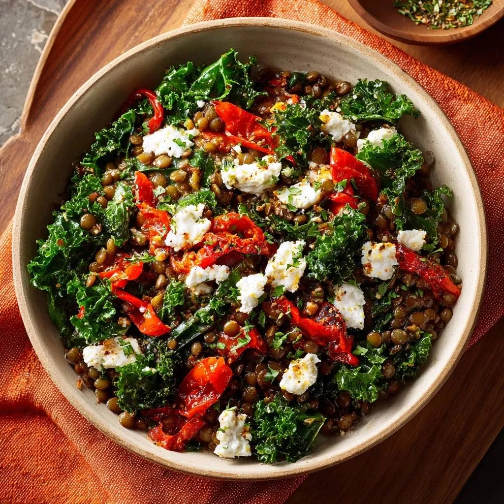 Kale lentil salad with feta and sun-dried tomatoes served in a rustic bowl, viewed from directly above.