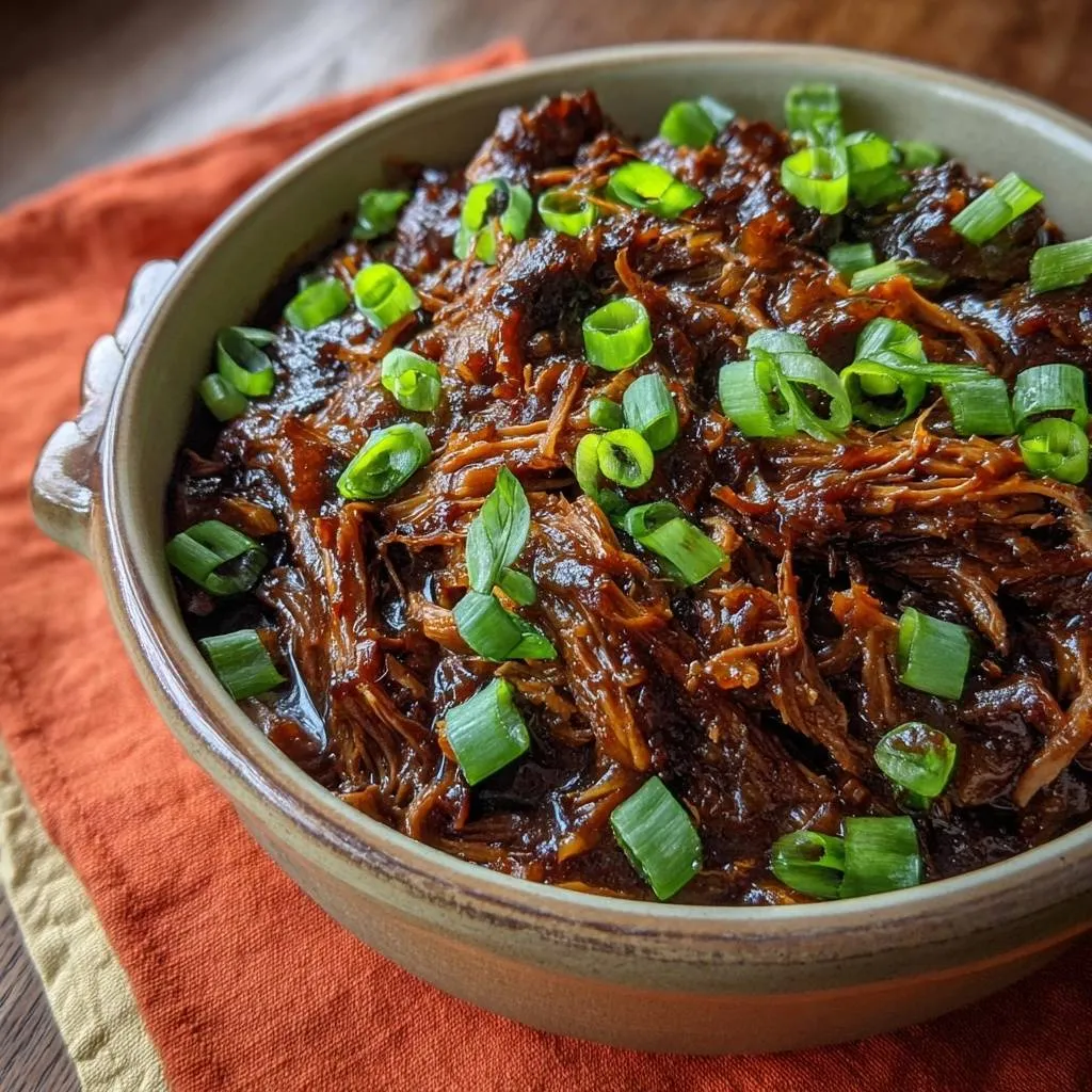 Korean-style shredded beef with a close-up view of the fresh green onion garnish.