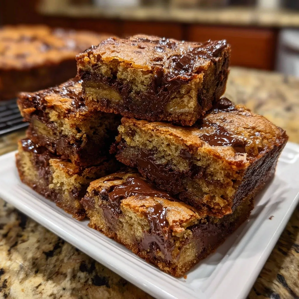 Ultimate Layered Chocolate Chip Bars shown in a fudgy cross-section, highlighting the rich chocolate filling and golden brown cake.