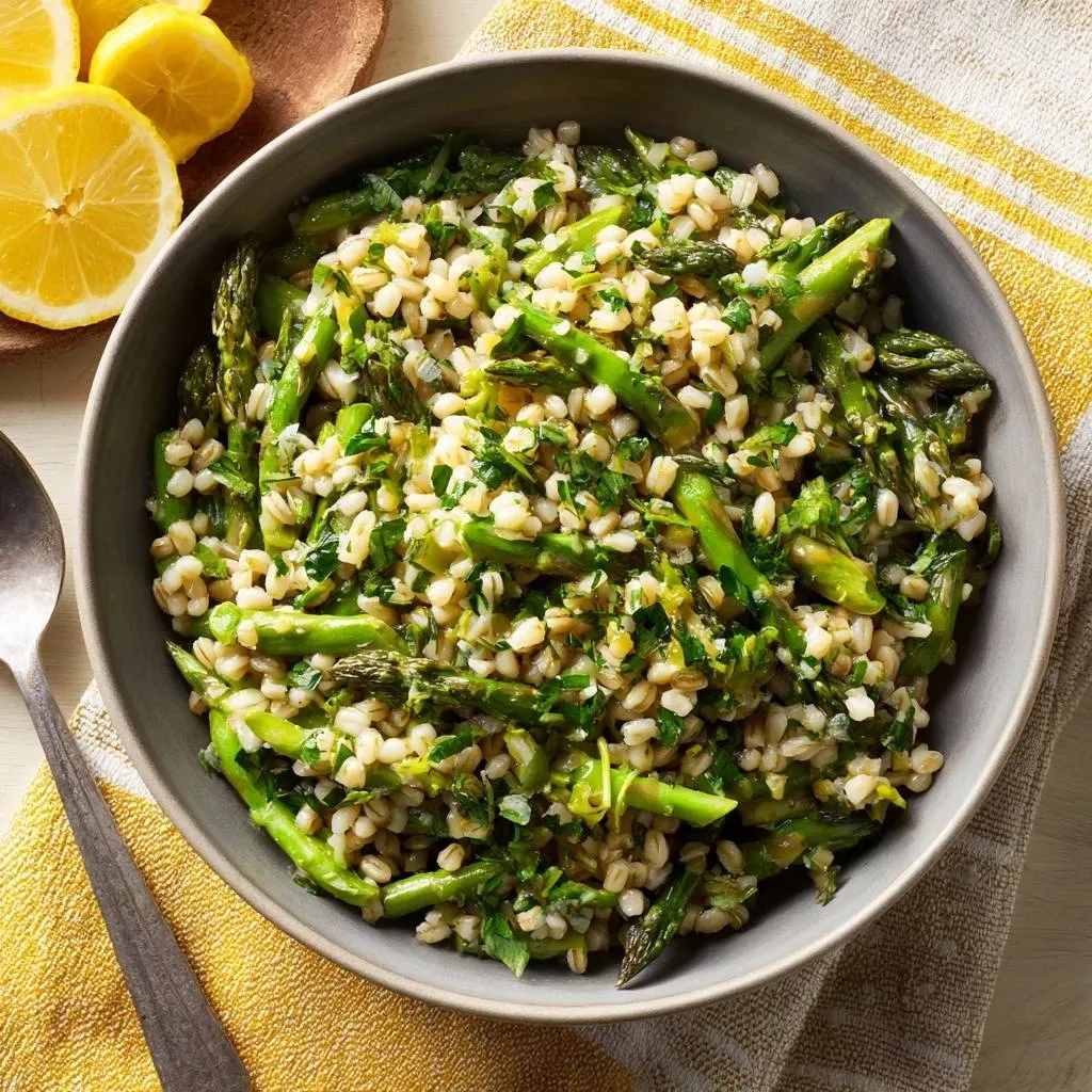 Lemon asparagus farro salad with tender fluffy grains served in a rustic bowl, shown from an overhead view.