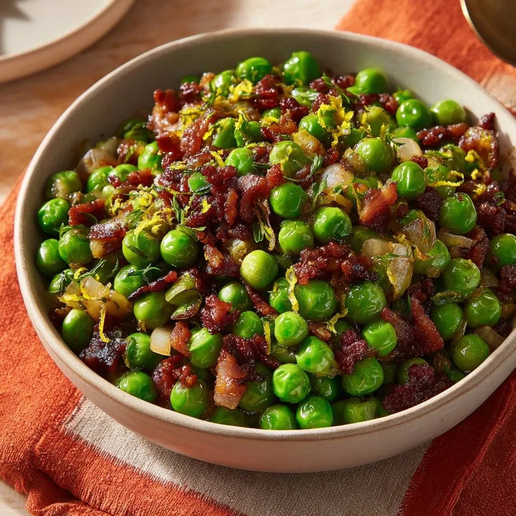 Lemon bacon peas, a vibrant green dish with crumbled bacon and lemon zest, served in a rustic bowl.
