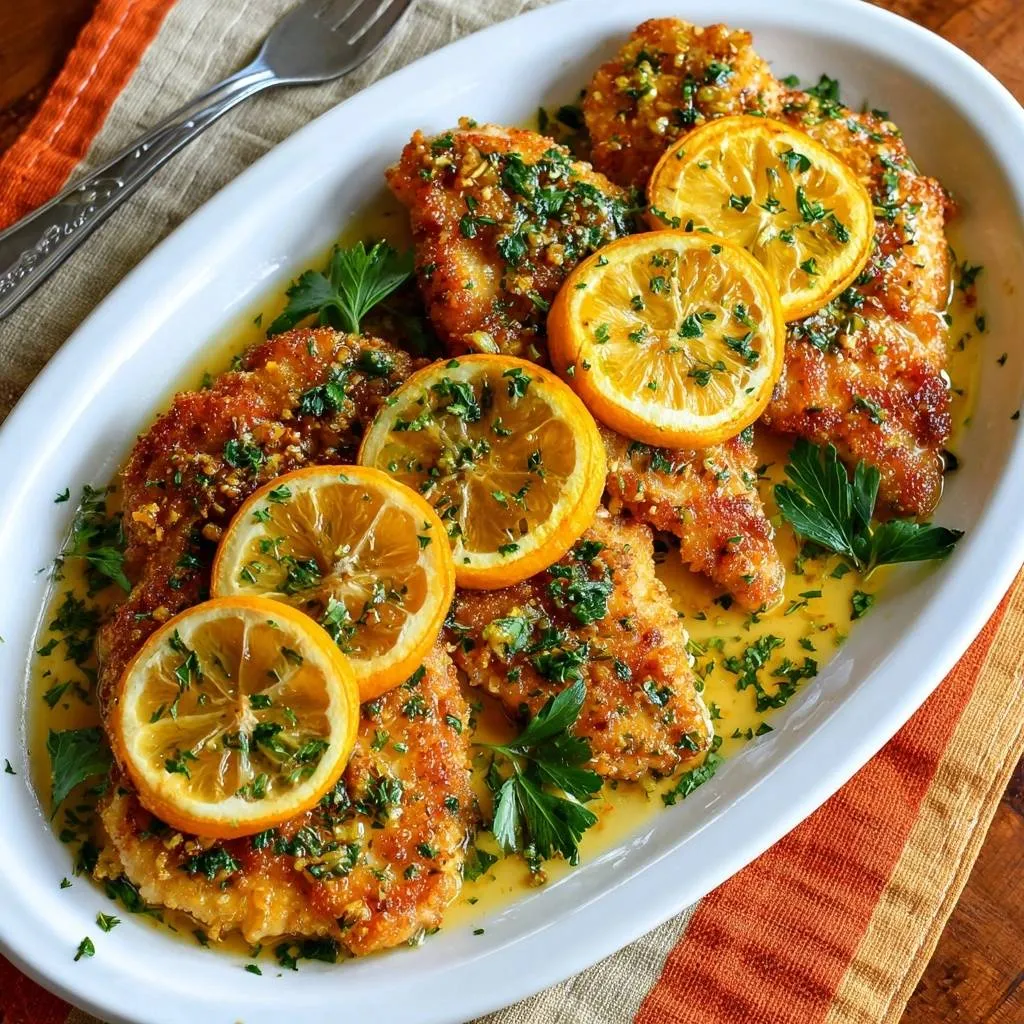 Lemon caper chicken garnished with fresh parsley and bright orange slices on a white platter.