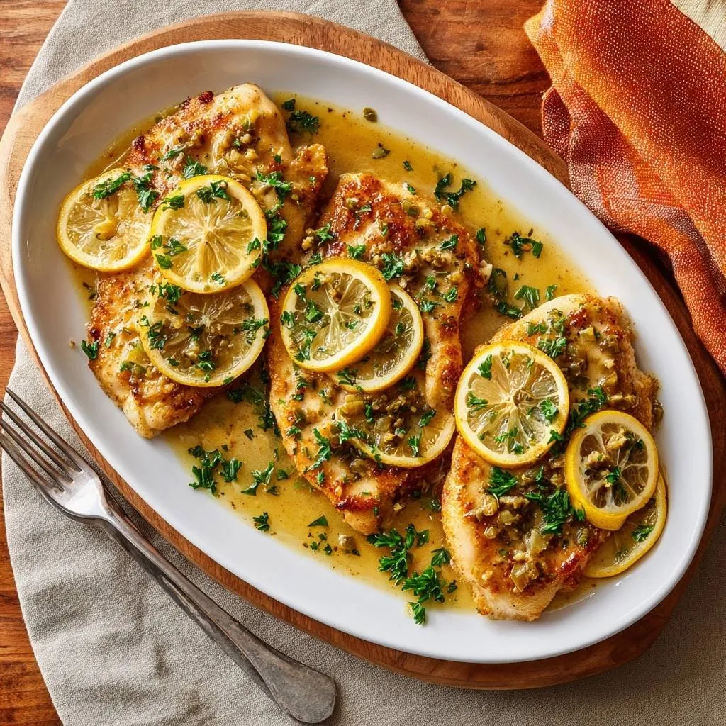 Lemon caper chicken with glistening sauce and lemon slices, artfully arranged on a platter.